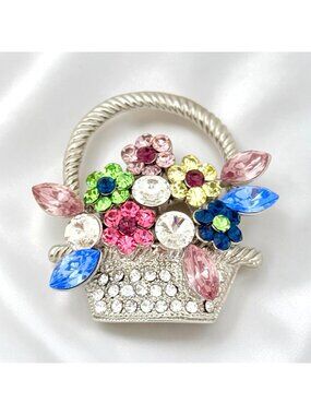 Flower Basket Brooch Silver Tone with Super Sparkle 1.75" x 1.75" VGC